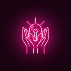 Obraz premium hands and a light bulb neon icon. Elements of Idea set. Simple icon for websites, web design, mobile app, info graphics