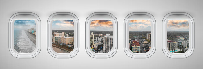 Myrtle Beach at sunset as seen through five aircraft windows. Holiday and travel concept