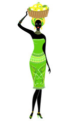 beautiful african american lady. A girl is carrying a basket on her head with lemons. The woman is slim and young. Vector illustration