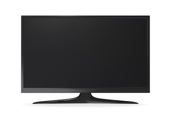 Widescreen black flat tv on stand. Realistic vector mockup.