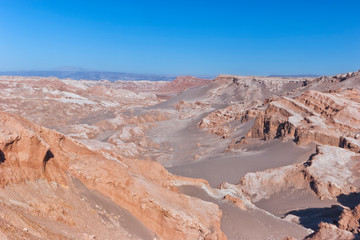 Fototapeta na wymiar Moon Valley with surreal moonlike terrain, unusual rocky formations, sand dunes, Atacama desert, Chile, South America .