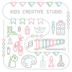 Fototapeta na wymiar Concept of kids creative studio placard. Linear style vector illustration. Suitable for advertising