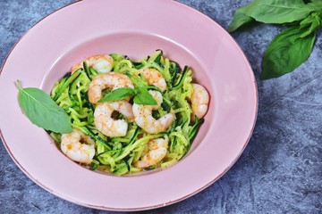 Garlic shrimp with zucchini noodles. Low carb, paleo and keto diet dish