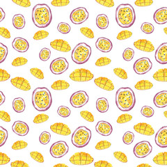 Mango and passion fruit seamless pattern, hand drawn botanical illustration isolated on white.