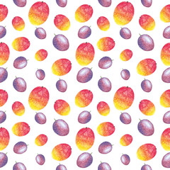 Mango and passion fruit seamless pattern, hand drawn botanical illustration isolated on white.