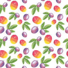 Mango with leaves and passion fruit seamless pattern, hand drawn botanical illustration isolated on white.