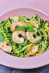 Garlic shrimp with zucchini noodles. Low carb, paleo and keto diet dish