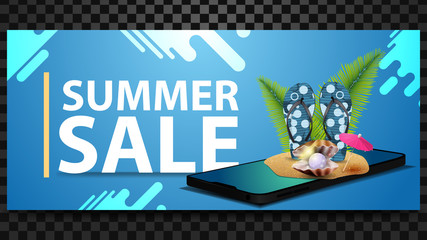 Summer sale, discount horizontal banner with a smartphone, which got out of flip flops, pearl and palm leaves