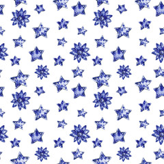 Blue flowers and stars seamless pattern, hand drawn watercolor illustration isolated on white.