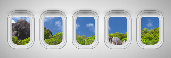 Seychelles rocks as seen through five aircraft windows. Holiday and travel concept