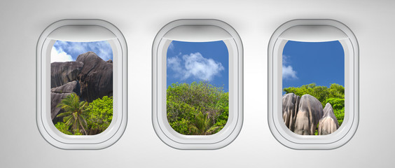 Seychelles rocks as seen through three aircraft windows. Holiday and travel concept