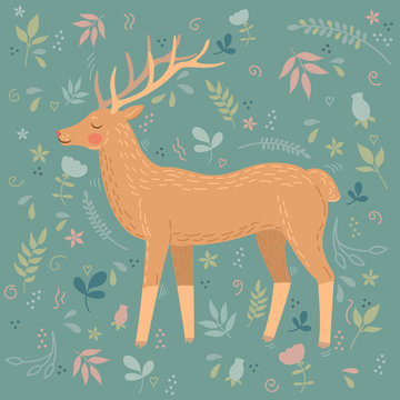 Vector cartoon deer, forest, flowers