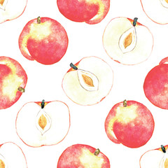 Watercolor peaches and half peaches seamless pattern on white background