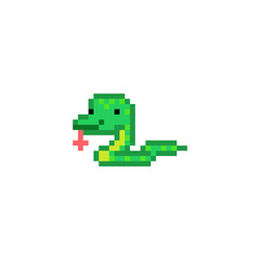 Green pixel art snake character isolated on white background. Exotic pet animal icon. Cute 8 bit logo. Retro vintage 80s; 90s slot machine/video game graphics. Chinese zodiac symbol.