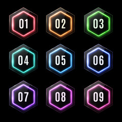 Glossy plastic banners set with led frame. Shiny neon lights hexagons for business design infographics report, number options, step presentation workflow layout. Clean modern style vector illustration