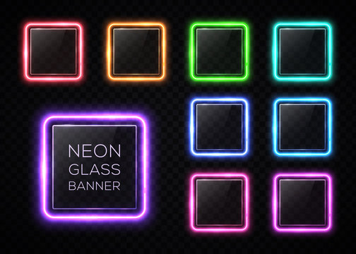 Glossy plastic texture banners set. Colorful square frames with led halogen lamp. Technology collection. Rectangle signs with blank text place on transparent background. Hud design vector illustration