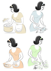 Collection. Profile of a beautiful lady. The girl prepares food, cuts vegetables for salad, cleans fish, fry an omelet, cooks in a saucepan. Women are good housewives, cook. Vector illustration