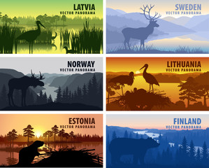 Vector set of Scandinavia and Baltic countries illustrations - Sweden, Lithuania, Finland, Latvia, Norway, Estonia