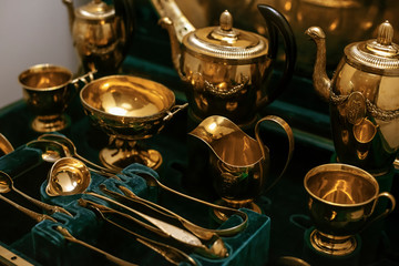 Antique gilded set of precious metal handmade, laid in a beautiful velvet case.
