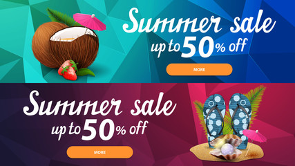 Two discount web banners for summer sales with polygonal texture, strawberry cocktail in coconut, flip flops, pearl and palm leaves
