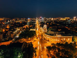 Fototapeta premium Night summer Voronezh, aerial view. Tower of management of south-east railway and Revolution prospect