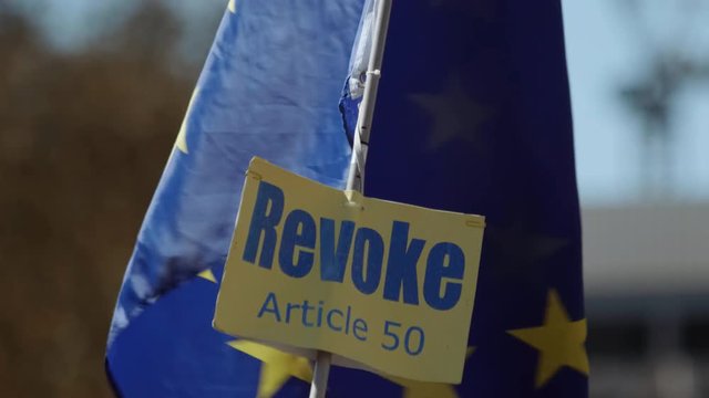 Close-up shot of Pro-EU Remainer flag during a demonstration in Westminster, London in a bid to stop BREXIT
