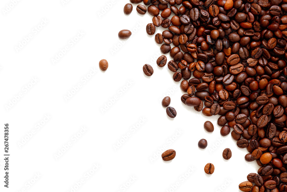 Poster Coffee  beans isolated on white background with copyspace for text. Coffee background or texture concept.