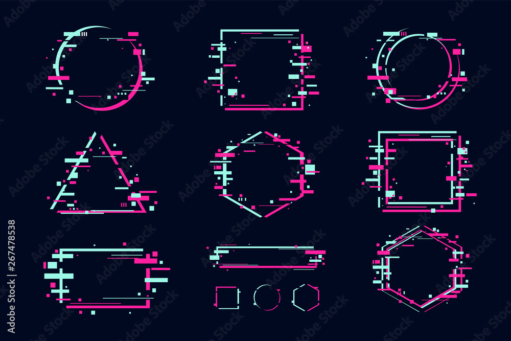 Fototapete glitch effect banners and frame set. futuristic design with glitchy abstract shapes. vector clipart 