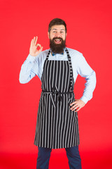 I know everything about cooking. Bearded man chef cooking. Hipster cooking home or restaurant. Modern cafe concept. Cooking modern meals. Chef cook red background. Man with beard cook hipster apron