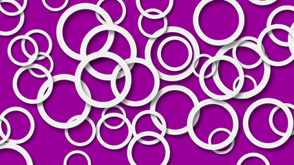 Abstract illustration of randomly arranged white rings with soft shadows on purple background