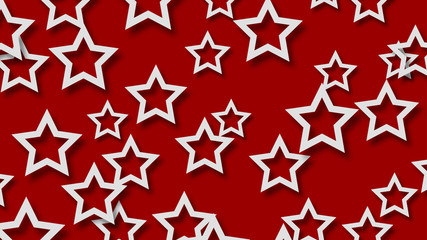 Abstract illustration of randomly arranged white stars with soft shadows on red background