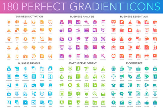 180 vector trendy perfect gradient icons set of business motivation, analysis, business essentials, business project, startup development, e commerce.