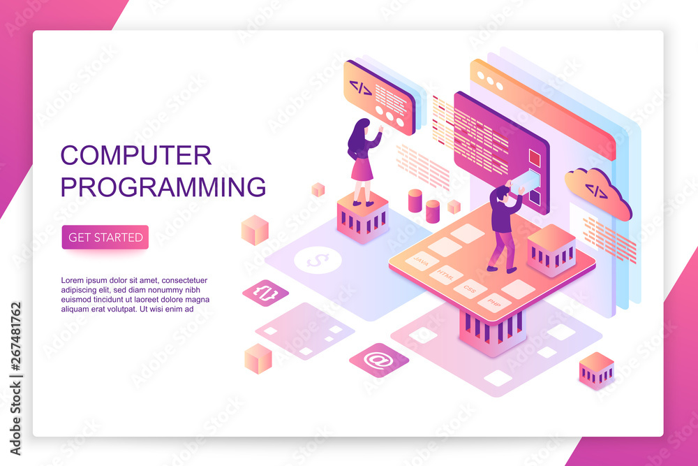 Poster Computer software programming, coding, front end development, modern 3d isometric vector website landing page template. People interacting with virtual screen charts and analyzing statistics.