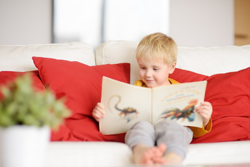 Little boy is sitting at home on the couch and reading a book. Learning to read.