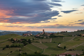 Naklejka premium Barbaresco town view on sunset light. Vineyards from Langhe region,Italy agriculture. Unesco world heritage site. Piedmont Italy