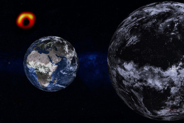 Planet Earth of Solar system near unknown dark planet and black hole somewhere in space. Science fiction. Elements of this image were furnished by NASA.