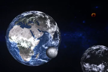 Store enrouleur occultant Pleine Lune arbre Planète Terre du système solaire près d& 39 une planète sombre inconnue avec la Lune quelque part dans l& 39 espace. Science fiction. Les éléments de cette image ont été fournis par la NASA.