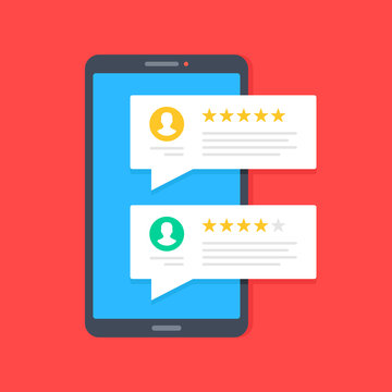 Customer reviews on mobile phone screen. Smartphone with speech bubbles and rating stars. Testimonials, user experience, feedback concepts. Modern flat design. Vector illustration