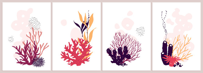 Set of isolated colorful corals compositions on a white background.