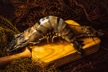 Raw tiger prawns closeup.