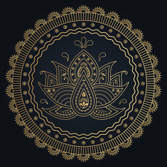 ethnic gold flower wreath with lotus on dark background. folk lifestyle