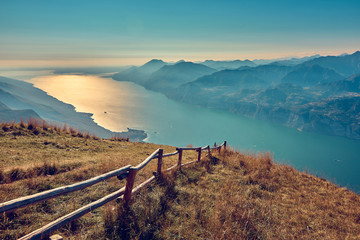 View of the Lake Garda from Monte Baldo, Italy.Panorama of the gorgeous Garda lake surrounded by...