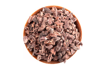 Bowl of Chocolate Nibs Isolated on a White Background
