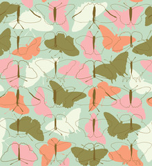 Butterflies in layers seamless pattern with vintage colors. Colorful illustration of simple butterflies flying and in outline for backgrounds, fashion, textile, wrapping paper and wallpaper