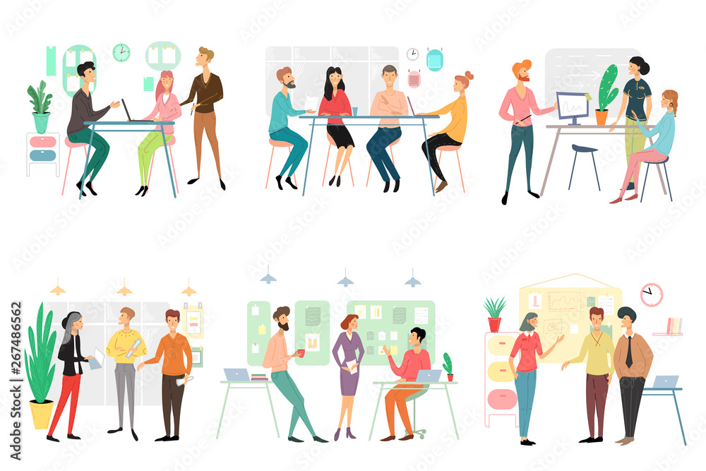 Poster set of different business people working in office. brainstorming, talking discussing start up ideas