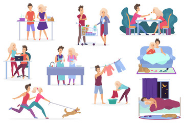 Fototapeta premium Set of vector loving couple activities. Cooking, shopping products, having dinner, working, relaxing, watching movie, romantic evening together, washing clothes, walking with pet dog, sleeping.