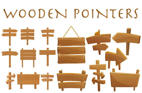 Set of different wooden empty cartoon pointers, hovering guides, signboards, signposts, planks, showing different destinations isolated flat vector illustration.