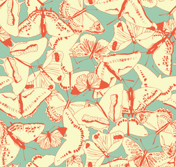 Butterflies flying seamless pattern in vintage colors. Colorful illustration of a texture of butterflies with detail for backgrounds, fashion, textile, wrapping paper and wallpaper