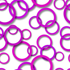 Abstract seamless pattern of randomly arranged purple rings with soft shadows on white background