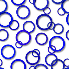 Abstract seamless pattern of randomly arranged blue rings with soft shadows on white background